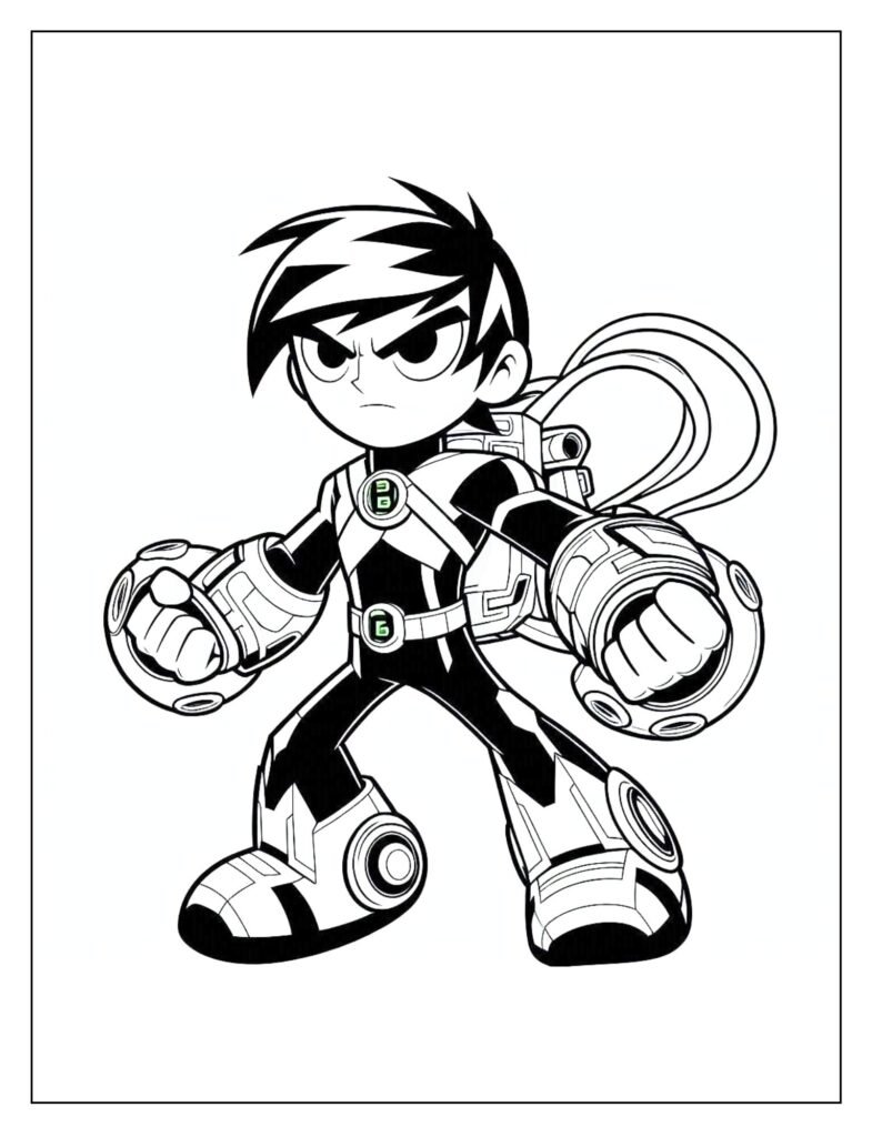 An outline drawing of Ben 10 (in an alien form suitable for space) fighting an enemy in a cosmic setting, designed for coloring.