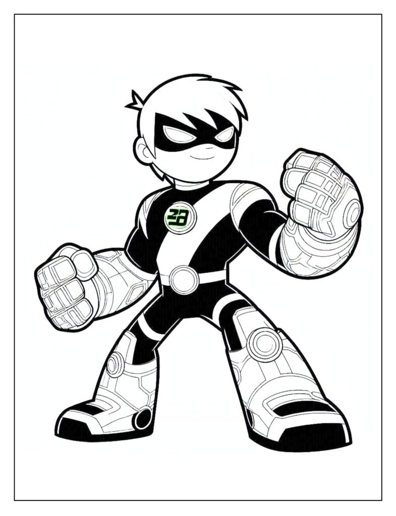 A line art illustration showing Ben 10 confronting an unknown or new villain, ready for coloring.