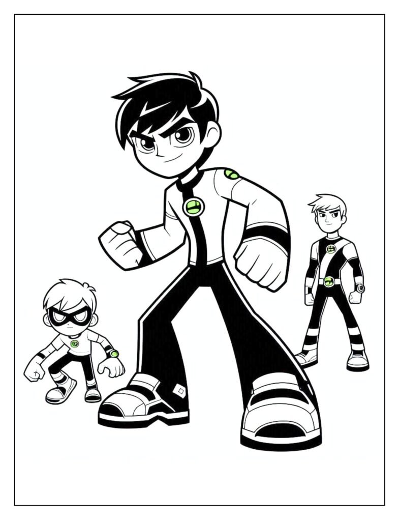 A black and white drawing depicting Ben 10 (either as himself or an alien) helping or rescuing people in a heroic way, ready for coloring.