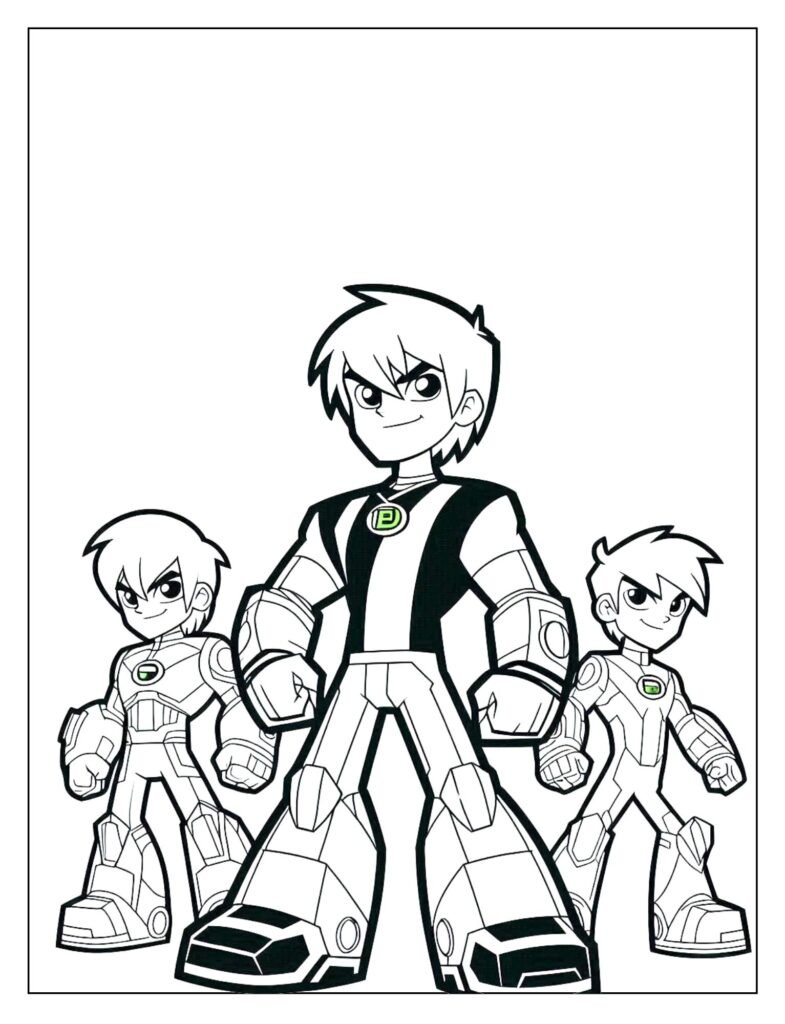 An outline illustration capturing the moment Ben 10 is transforming into an alien, with motion lines or light effects, designed for coloring.