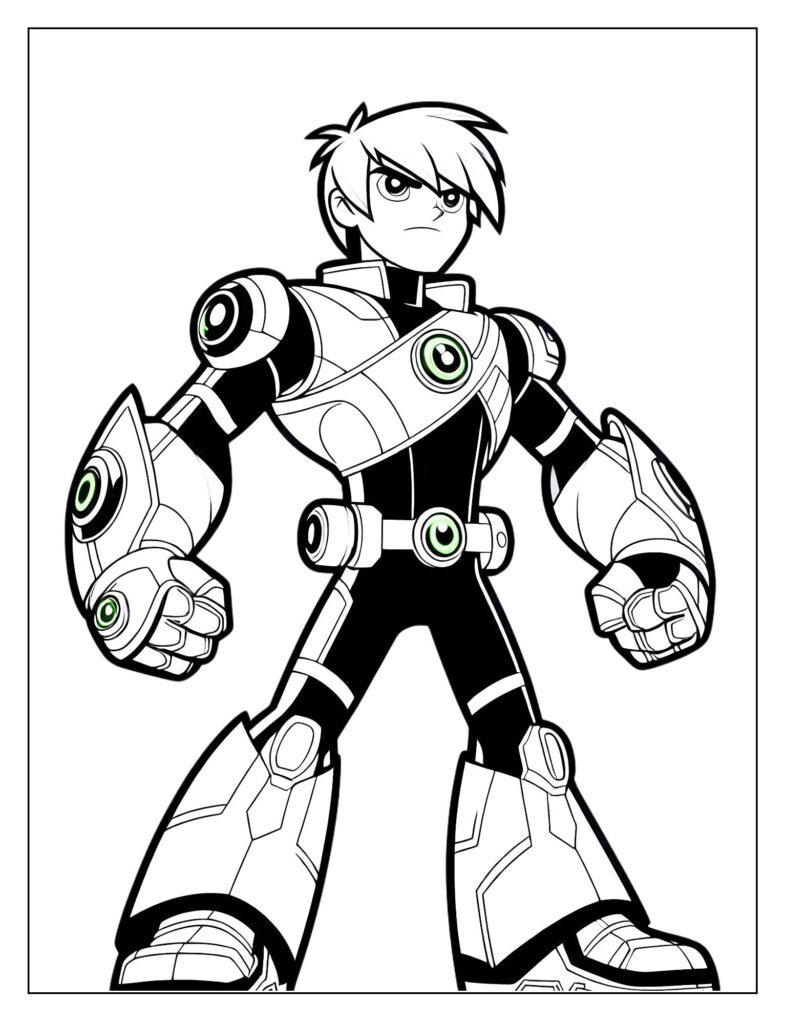 A black and white illustration of Ben Tennyson in a dynamic action pose, perhaps running or jumping, ready for coloring.
