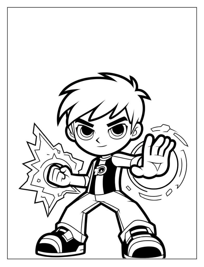 A line art drawing of Ben 10 looking determined, as if on a mission, possibly with a background suggesting a location, ready for coloring.