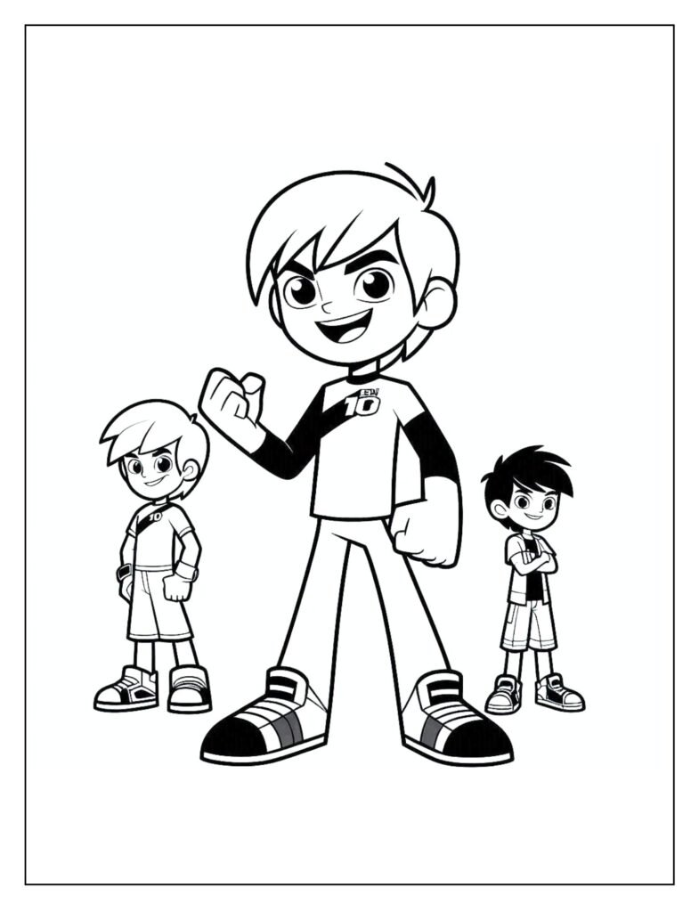 An outline illustration of Ben Tennyson striking a classic heroic stance, ready for coloring.