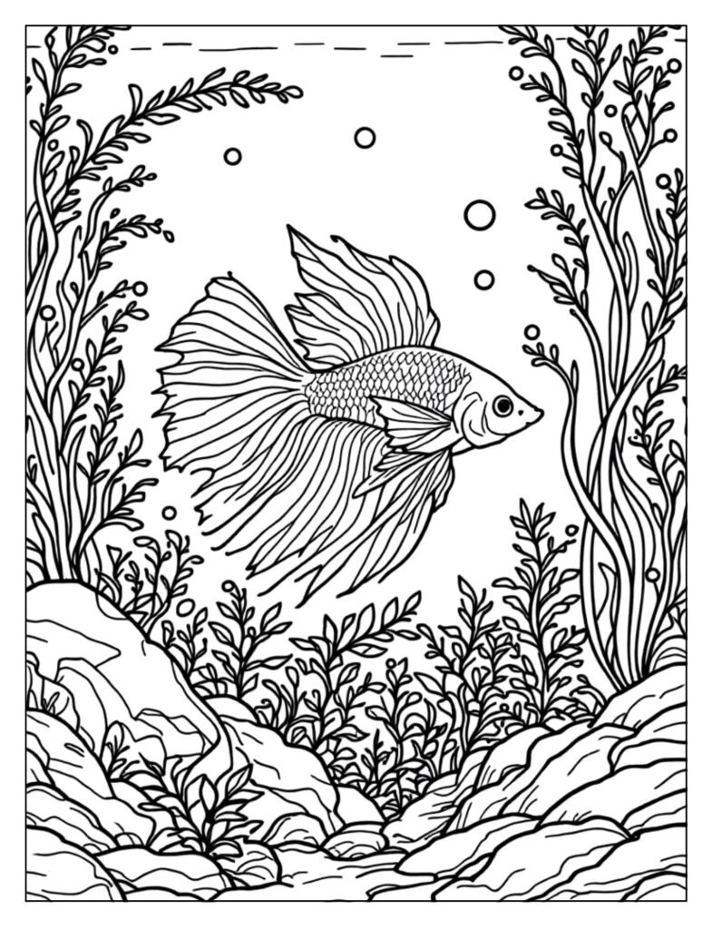 A betta fish in a natural pond surrounded by plants.