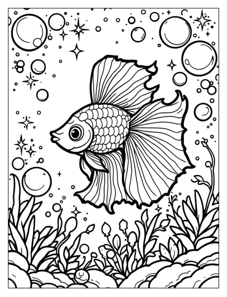 A betta fish swimming with small bubbles rising to the surface.