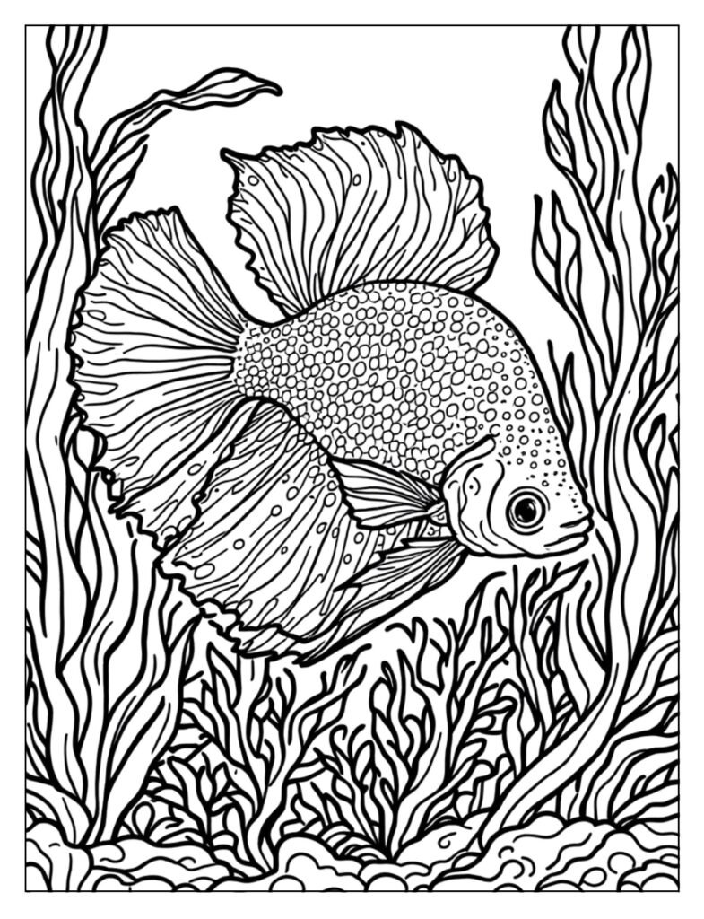 A betta fish swimming among tall underwater plants.