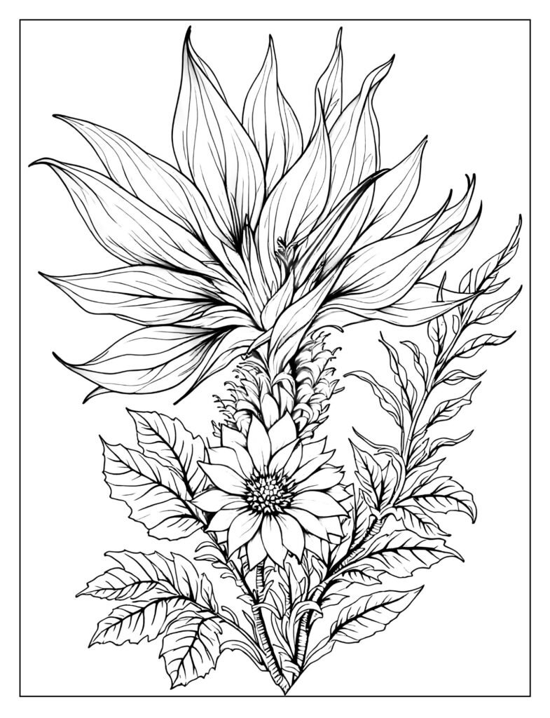 Drawing of the distinctive Bird of Paradise flower, featuring its orange, blue, and green spiky structure.