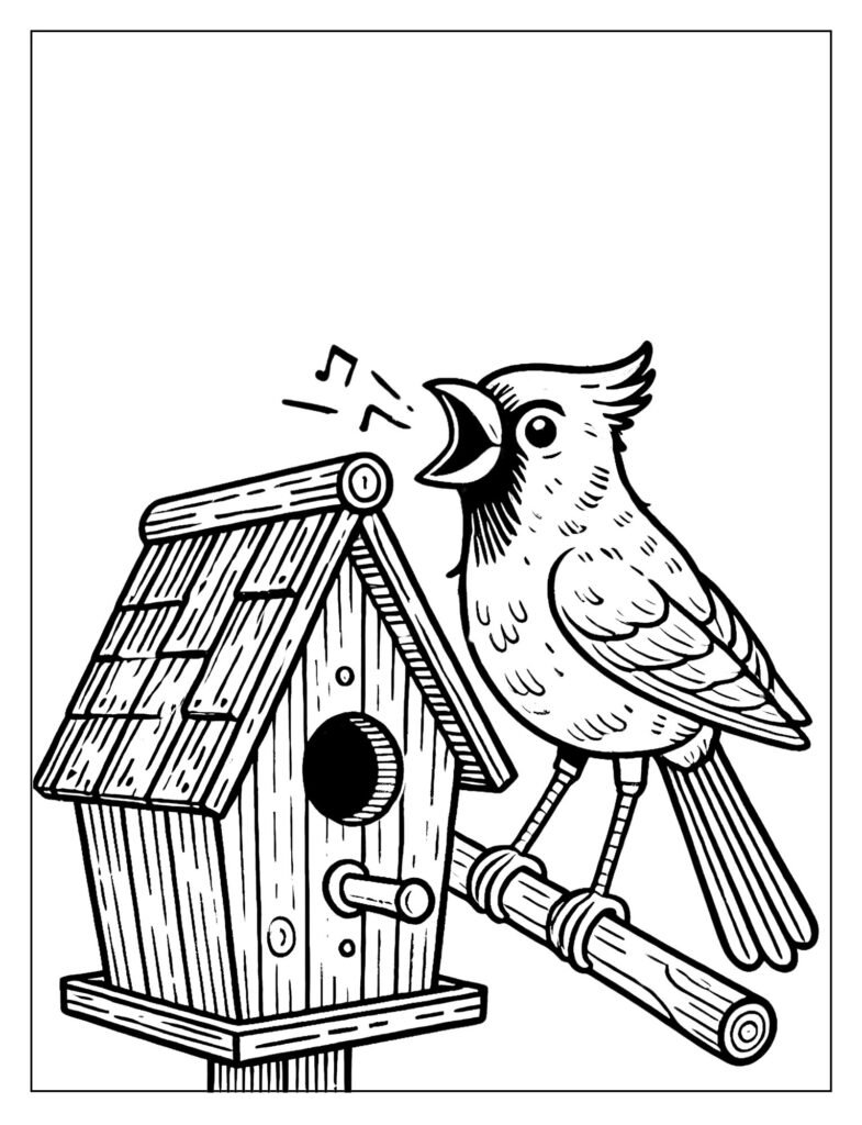 A wooden birdhouse, potentially with a cardinal nearby.