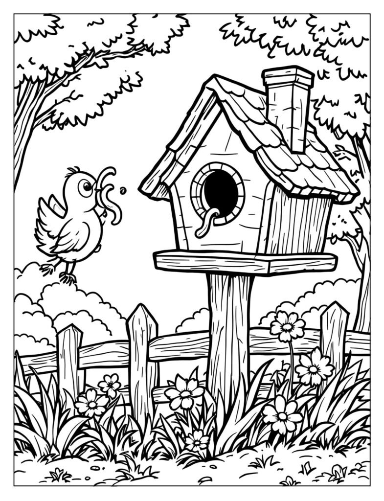 Birdhouse with a bird bringing a worm to chicks coloring page