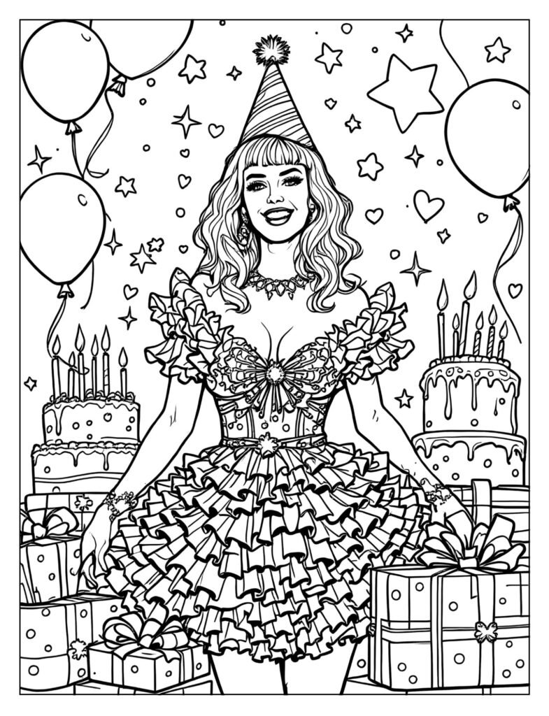 Katy Perry in a colorful birthday outfit surrounded by cakes and balloons.

