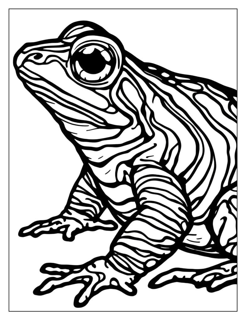 Close-up of a frog covered in bold, thick black and yellow stripes or bands across its body.