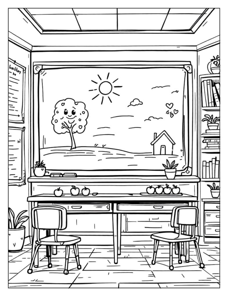 An outline drawing of a large, blank blackboard, ready for coloring.