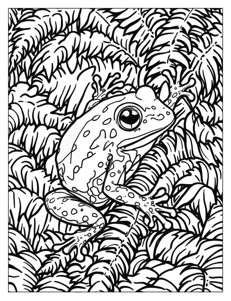Drawing of the Blue Jeans Frog (Oophaga pumilio), emphasizing its bright red body and contrasting blue legs, clinging to a fern frond.