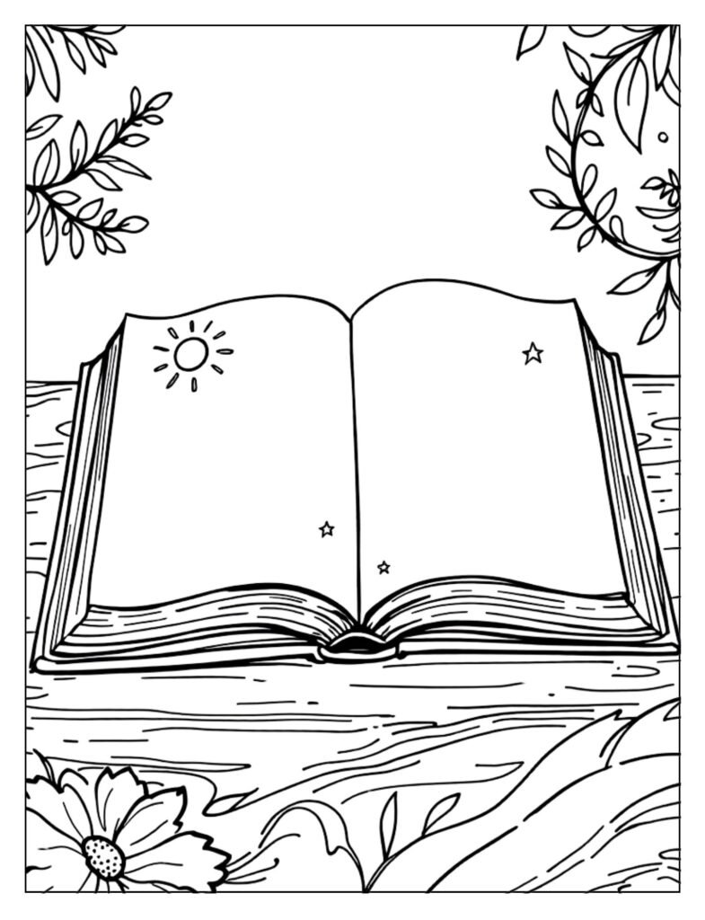 A black and white illustration of a stack of books or open books, ready for coloring.
