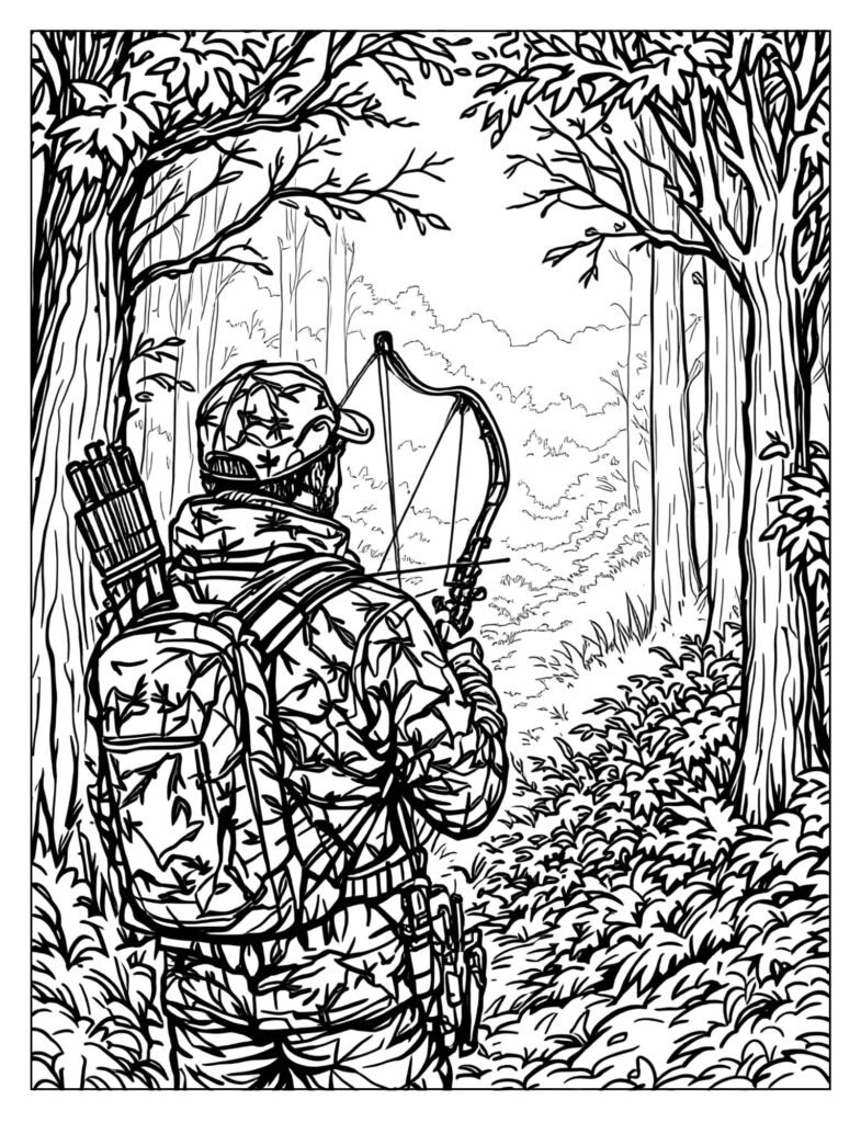 Camouflage-clad bow hunter standing silently in a dense forest, holding a compound bow.