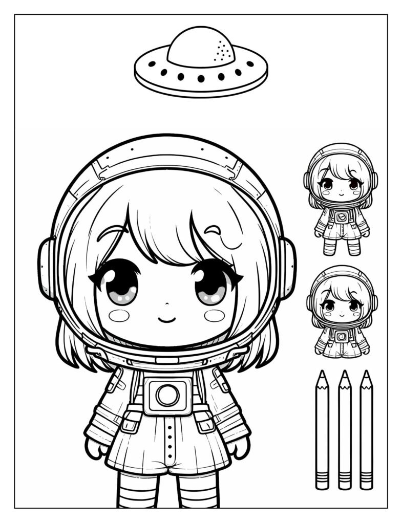 A black and white drawing of an astronaut in a courageous and determined pose, ready for coloring.
