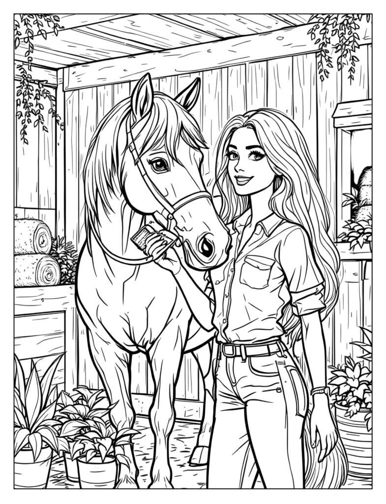 Barbie standing next to her horse in a stable, gently brushing its mane.