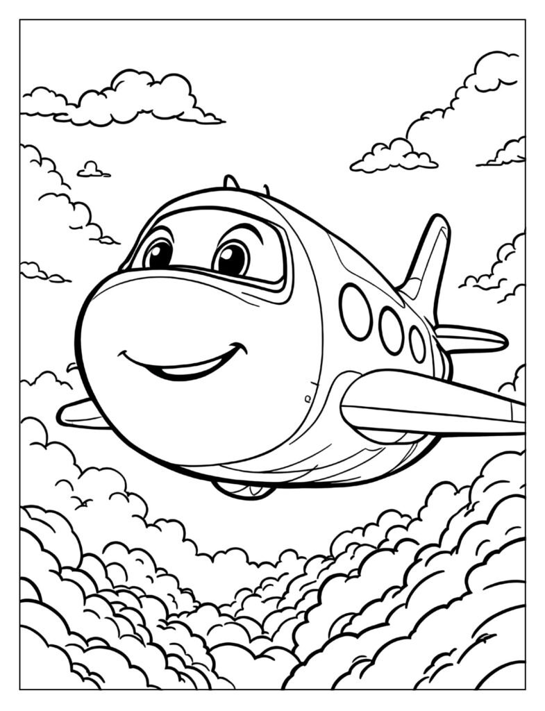 Cartoon airplane with a big bubbly shape coloring page
