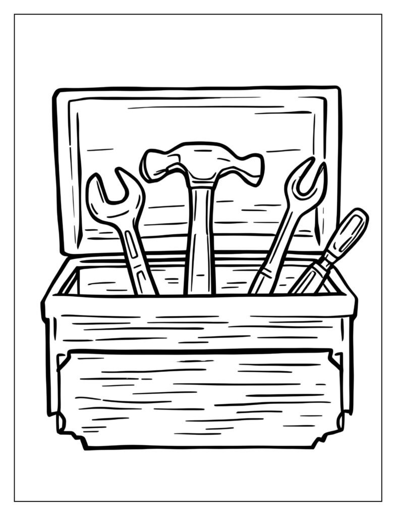 Simple composition showing a hammer resting inside an open toolbox, alongside a wrench and a screwdriver.