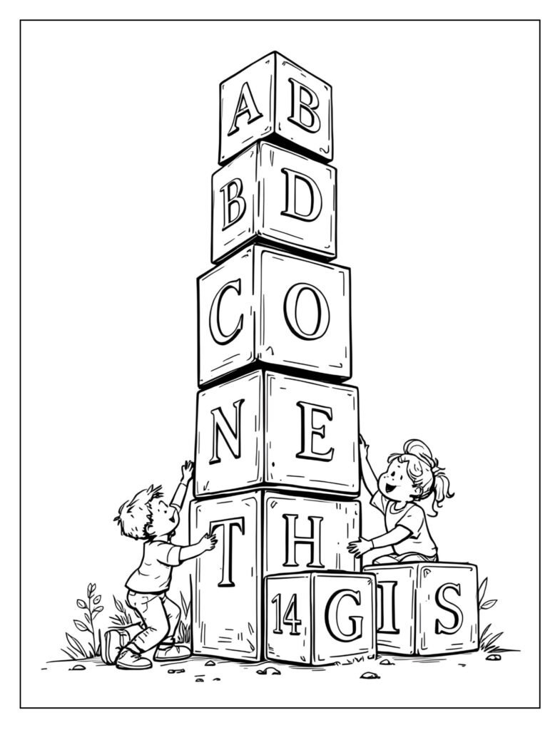 A child and an adult building a tall tower out of large building blocks, each with a letter or number.
