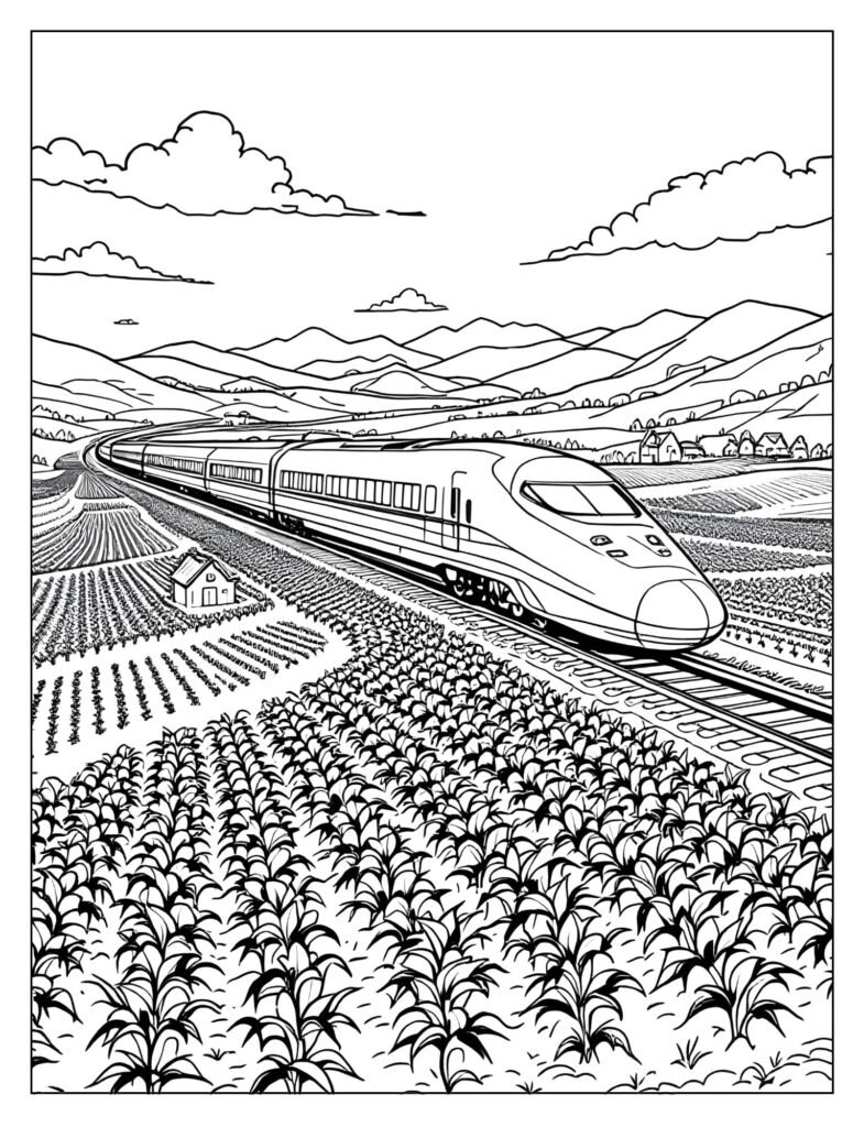A bullet train passing quickly through tranquil flat farmland with crops and distant mountains.