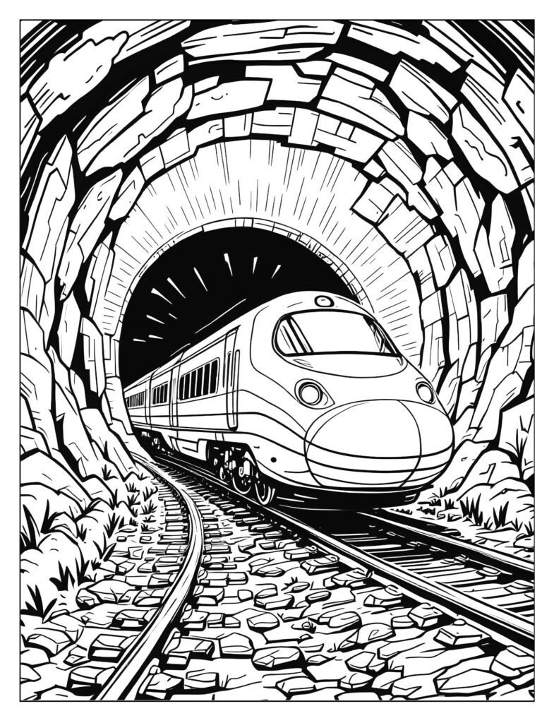 The front of a bullet train emerging from a dark tunnel entrance.