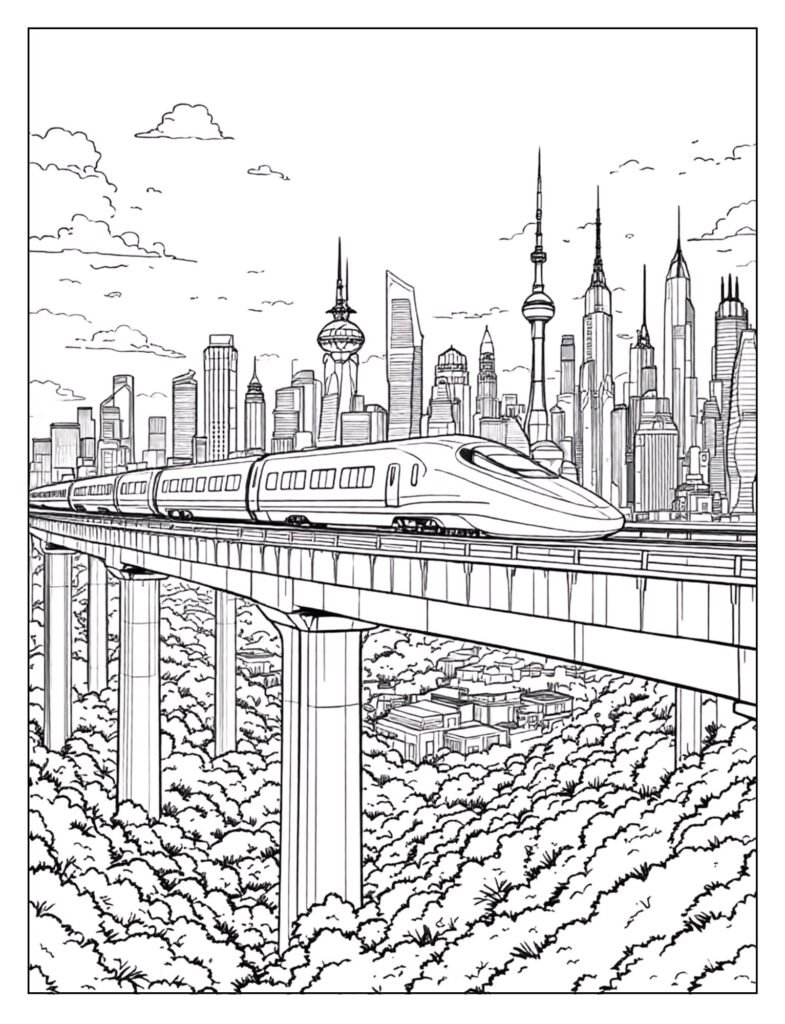 A full bullet train speeding across a tall, elevated viaduct with a landscape below.
