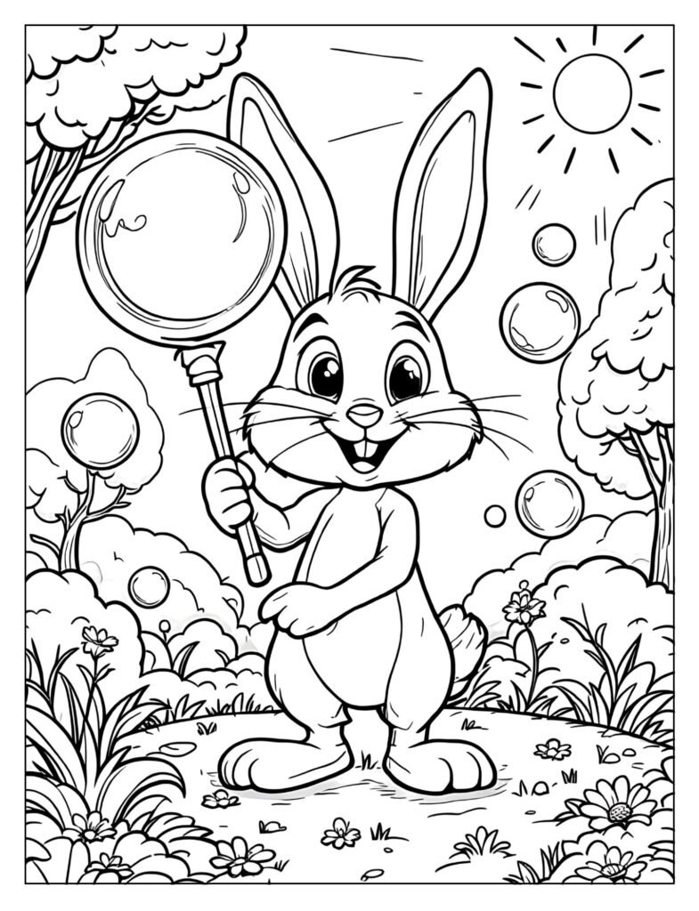 A bunny blowing bubbles with a wand.