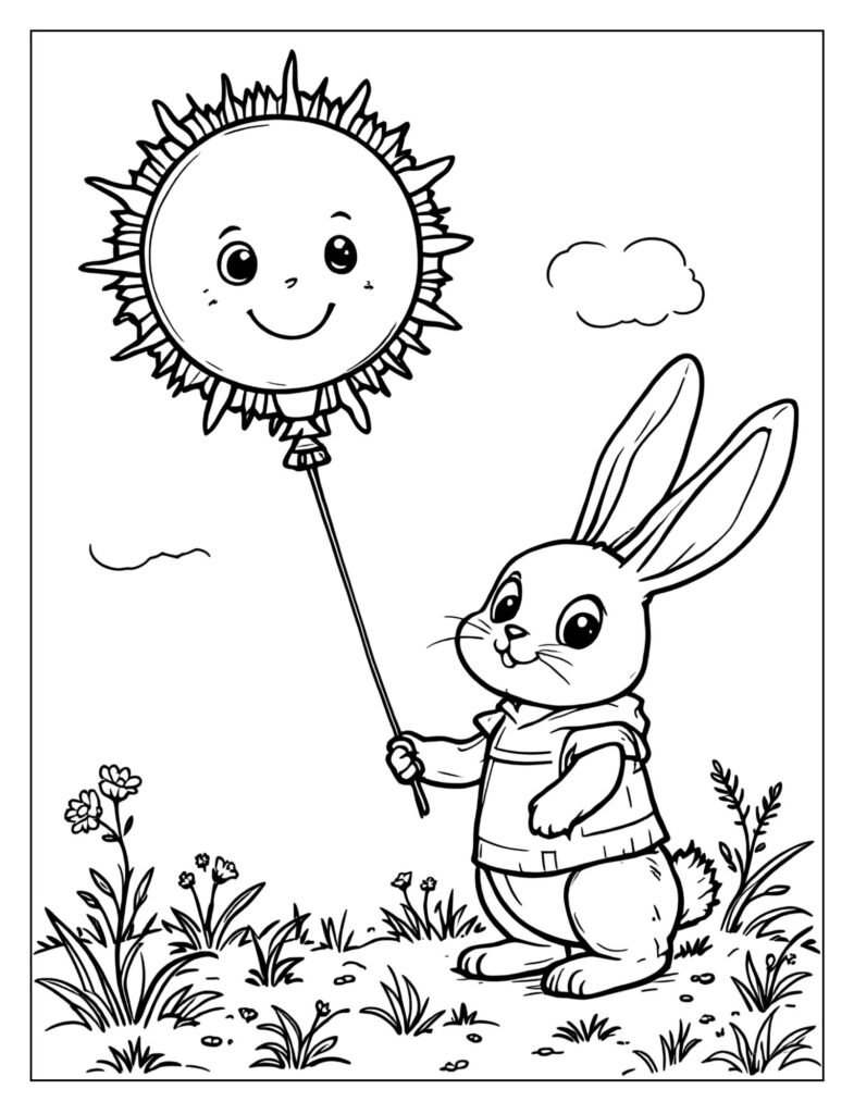 A cute bunny holding a balloon.