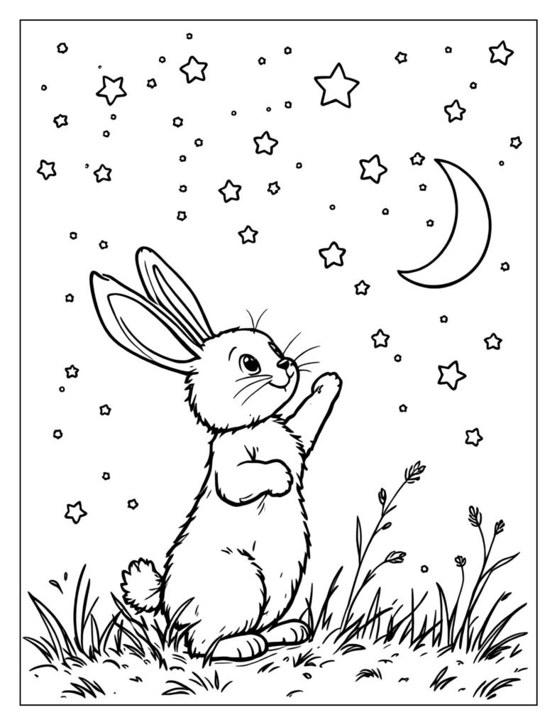 A bunny looking up at the stars and moon in the night sky.