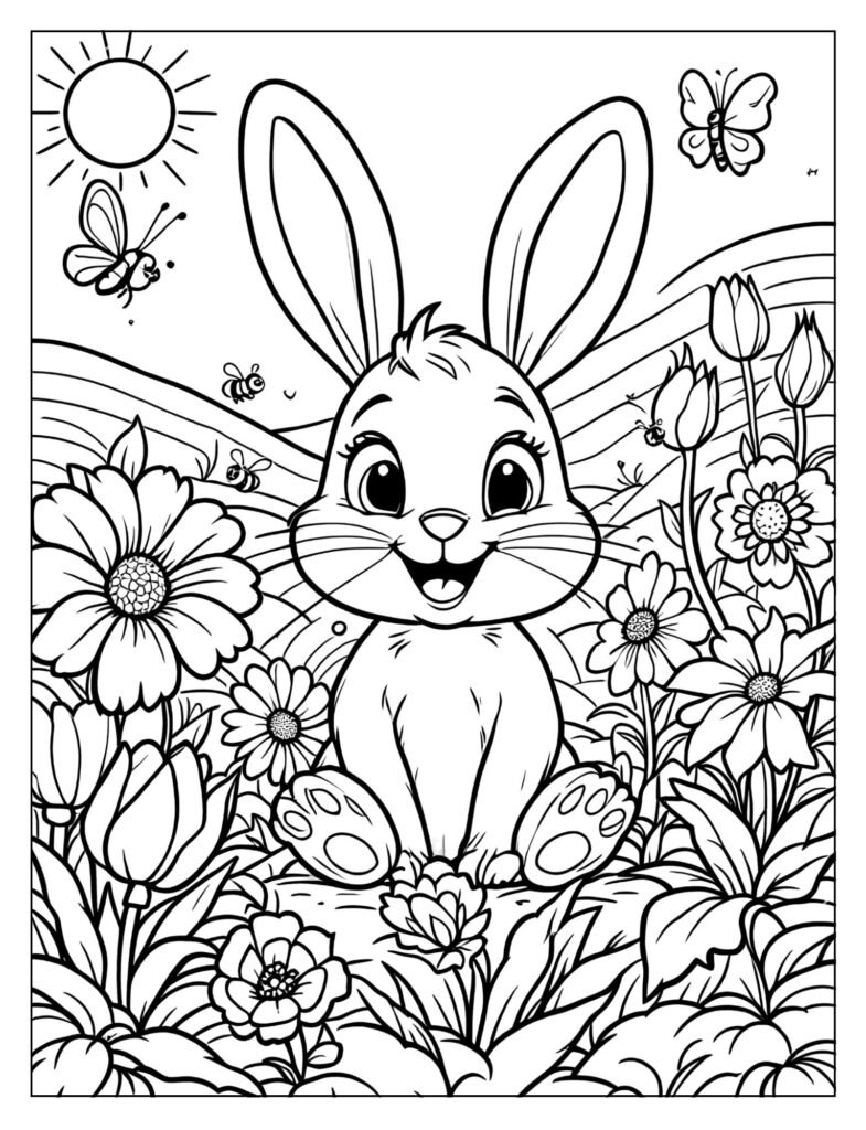 A small bunny in a garden filled with flowers.