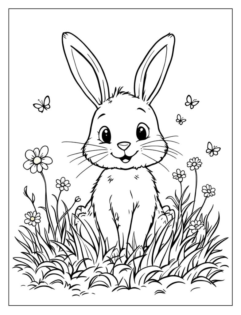 A simple, cute bunny sitting in the grass.