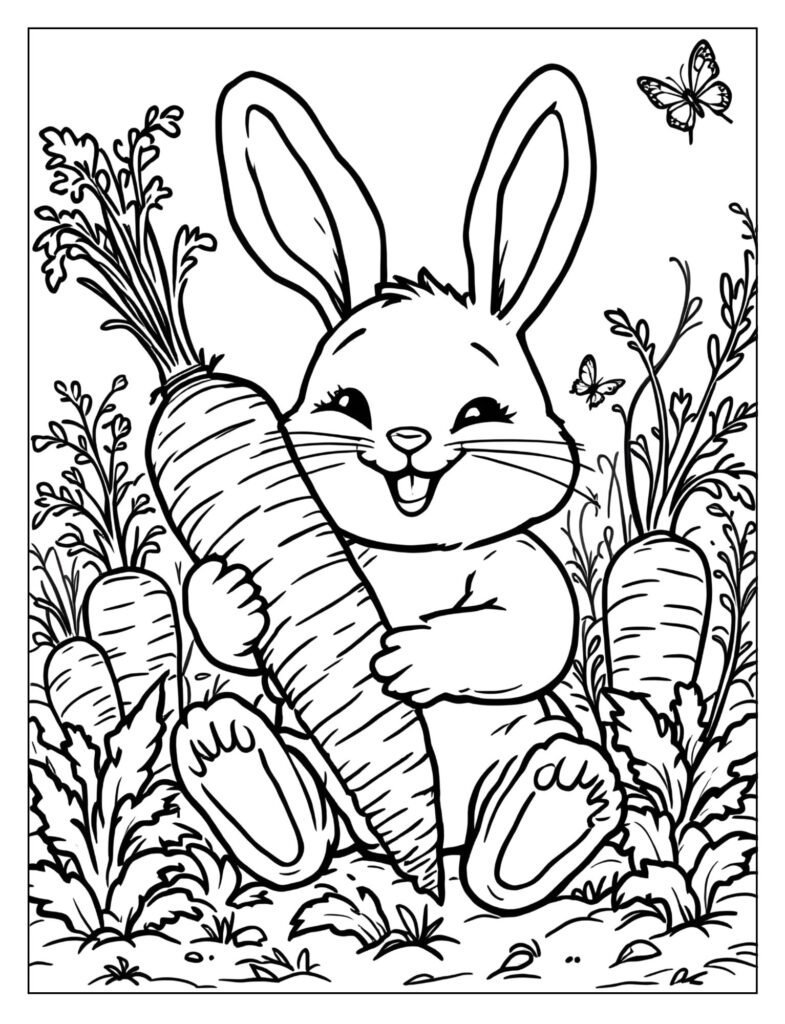 A cute bunny with a big, plump carrot.