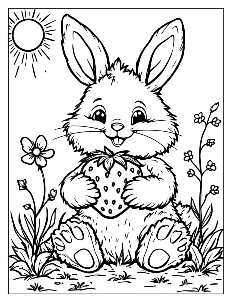 A smiling bunny holding a strawberry.