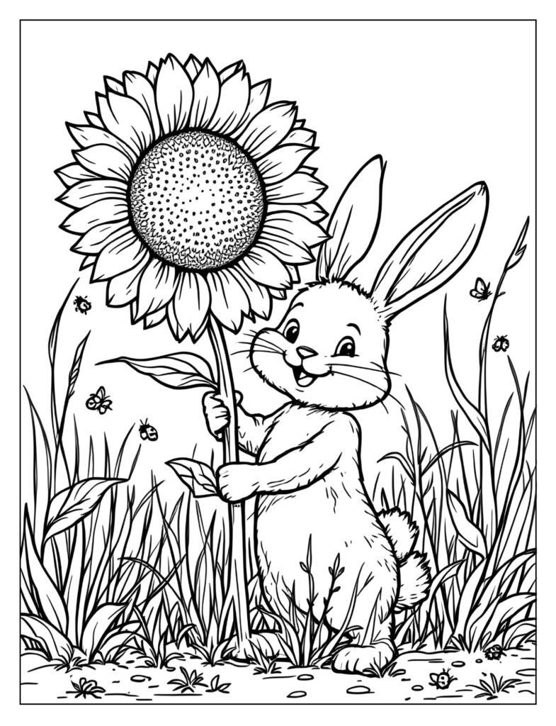 A bunny holding a giant sunflower.
