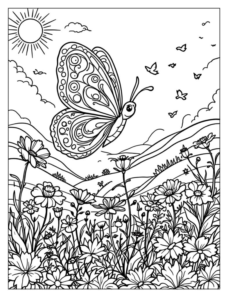 A beautiful butterfly flying high in the sky over flowers.