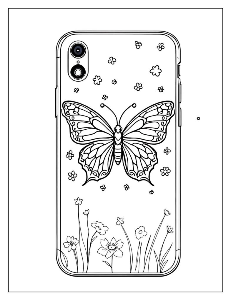A phone case with a butterfly and flowers.