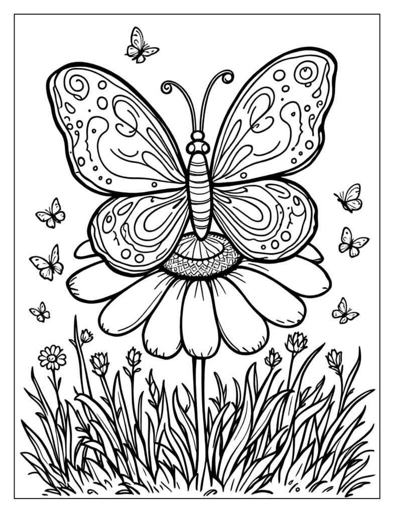 Detailed butterfly with patterned wings on a daisy coloring page