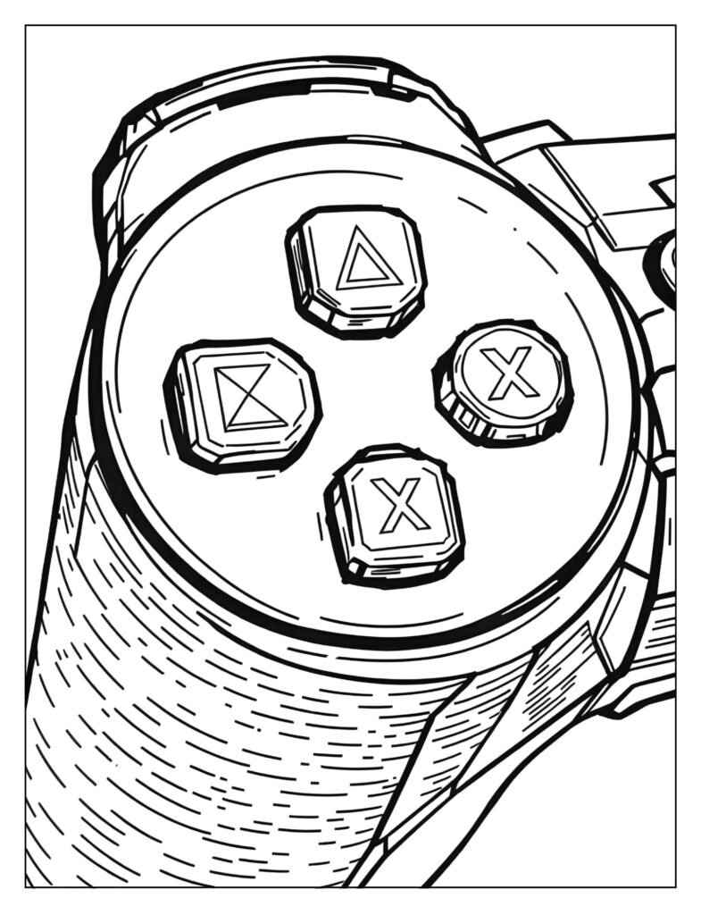 Detailed close-up of the PS5 controller's four action buttons (Triangle, Circle, X, Square) and the D-pad.