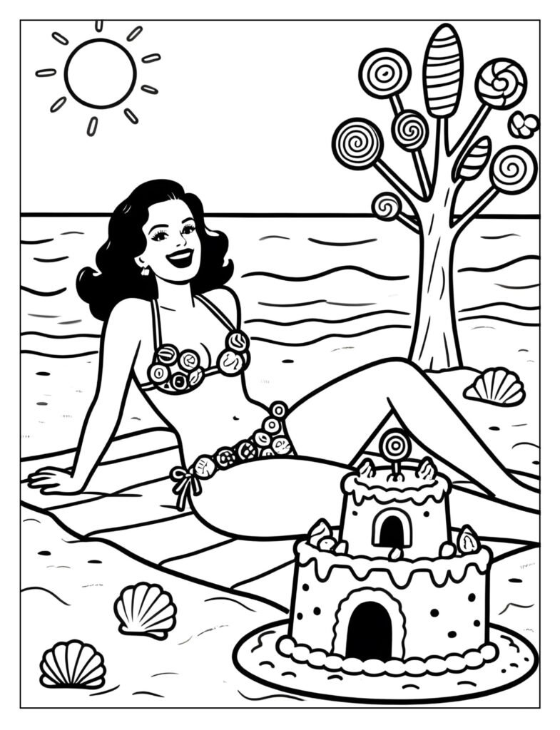 Katy Perry in a candy bikini on a beach.
