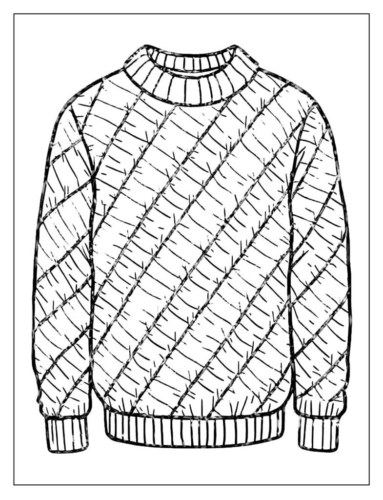 Sweater covered entirely in thick, diagonal candy cane stripes (red and white).

