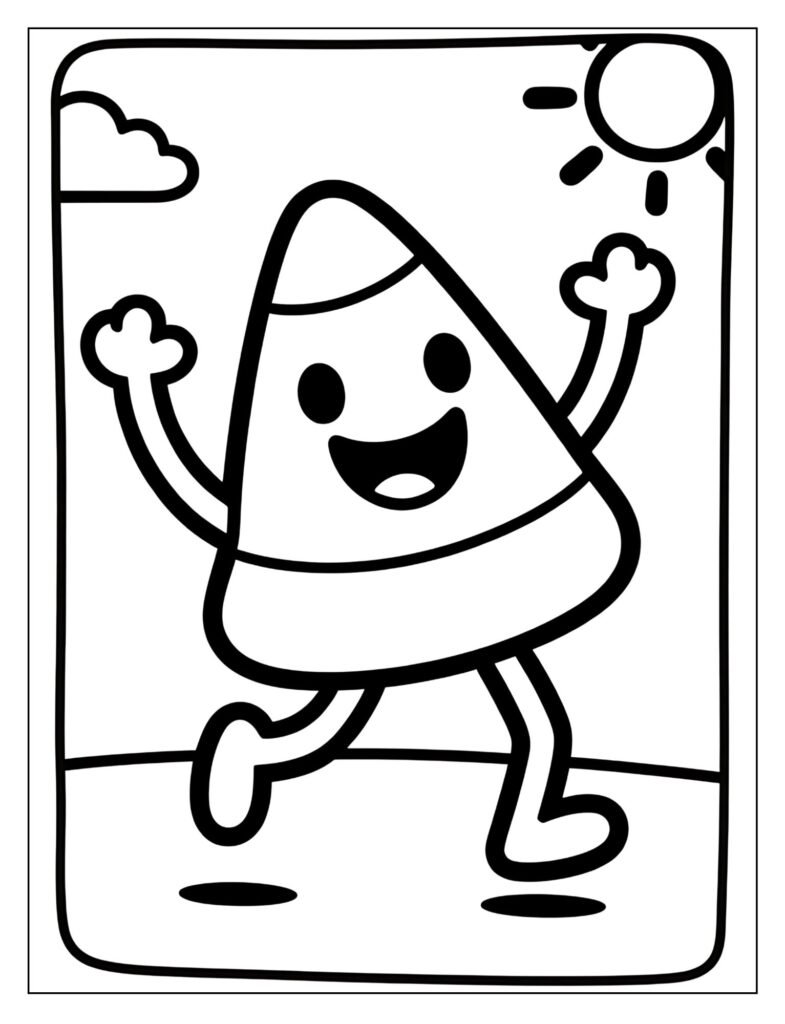 A piece of candy corn with a happy face.