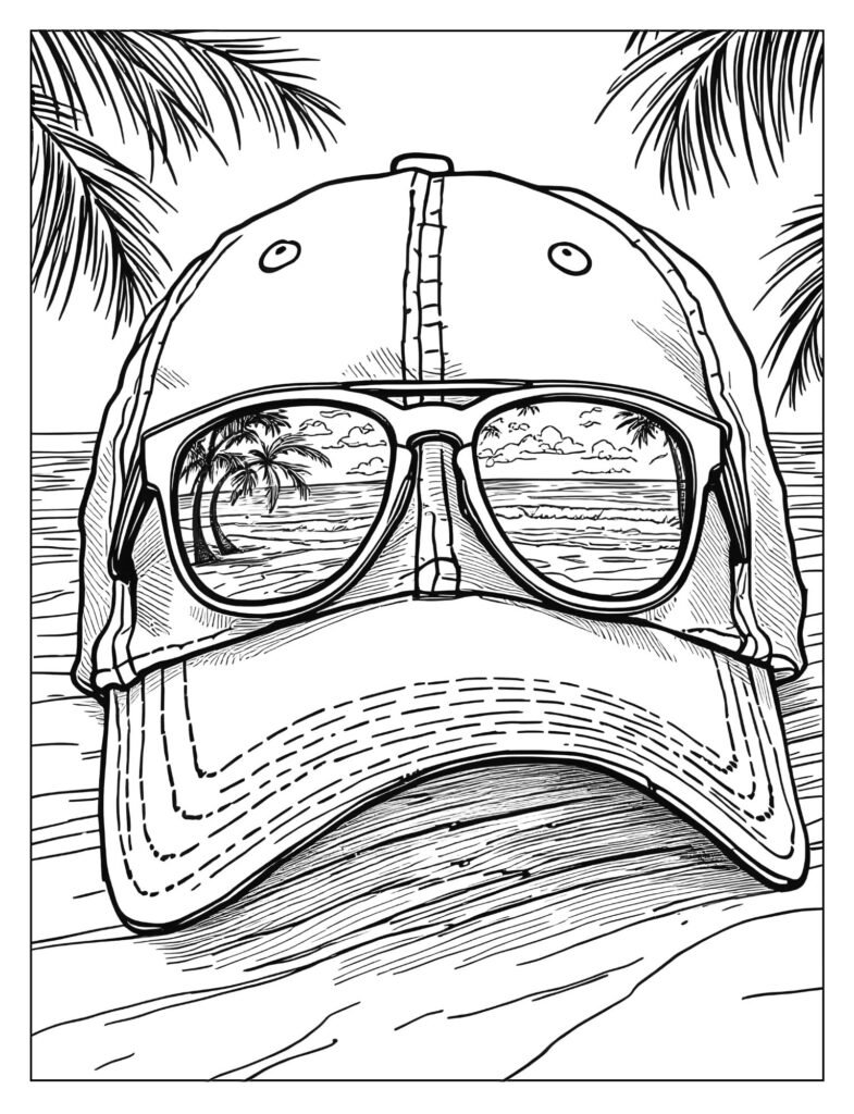 Baseball cap with a pair of cool sunglasses resting on the brim, reflecting a summer scene.
