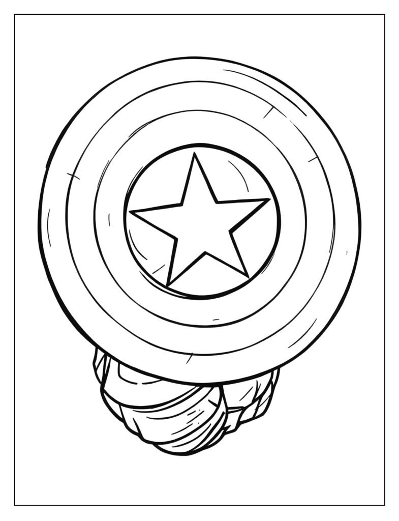 Captain America's arm and gloved hand holding the shield in front of him in a defensive pose.