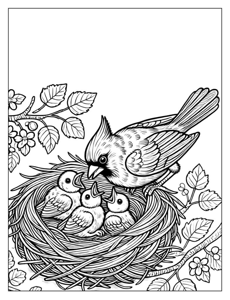 A female and male cardinal, or a cardinal with chicks, in a nest.