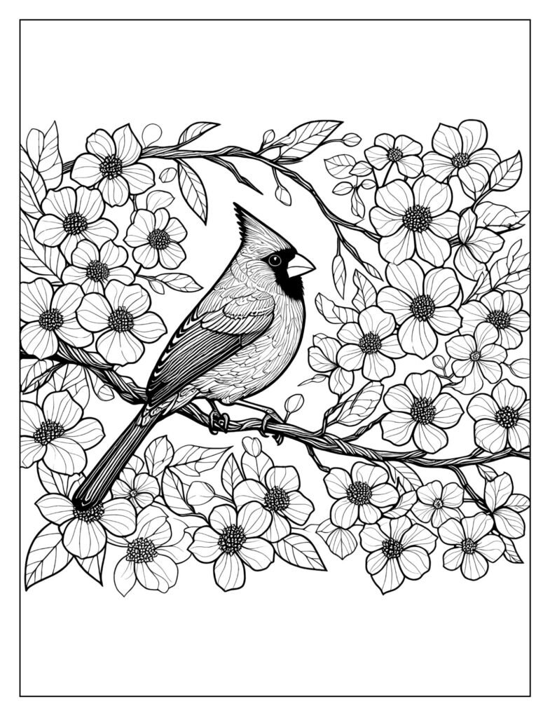 A red cardinal perched on a dogwood branch with flowers or berries.