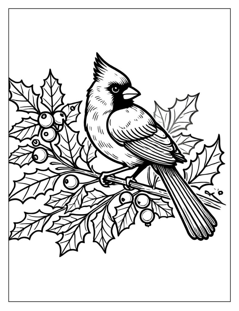 A red cardinal perched among holly berries and leaves.