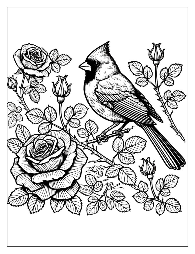 A red cardinal perched near or among blooming roses.