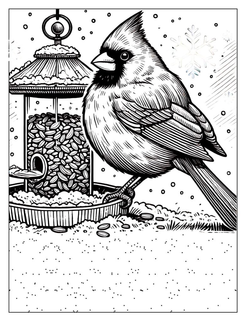 A red cardinal eating seeds from a bird feeder.