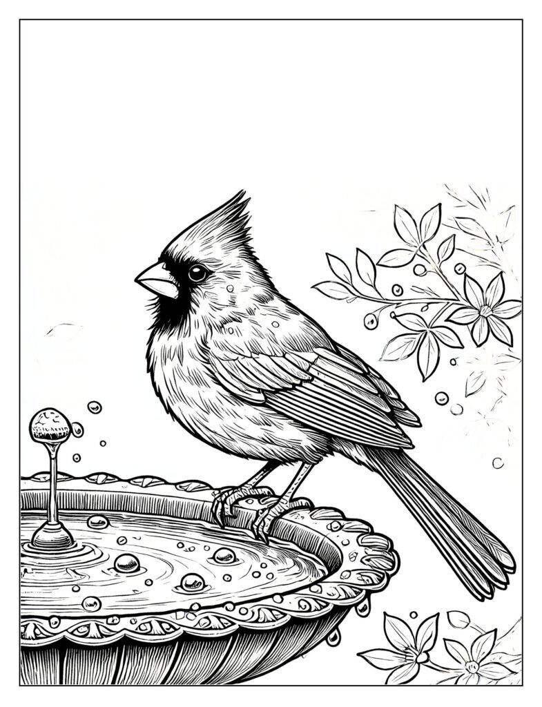 A red cardinal drinking or bathing in a birdbath.